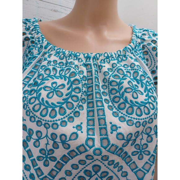 Chicos 2 Top Teal Blue Eyelet Cold Shoulder Short Zig Zag Sleeve Blouse M - Picture 2 of 11